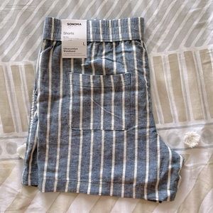 NWT Pull-on Linen Shorts stripes summer white blue elastic waist